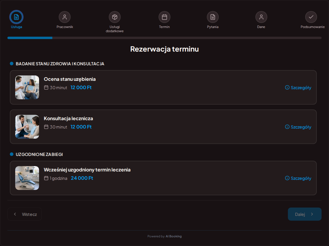 System rezerwacji dla stomatologów – Ocena stanu uzębienia, Konsultacja lecznicza, Wcześniej uzgodniony termin leczenia z cenami, czasem trwania i kategoriami
