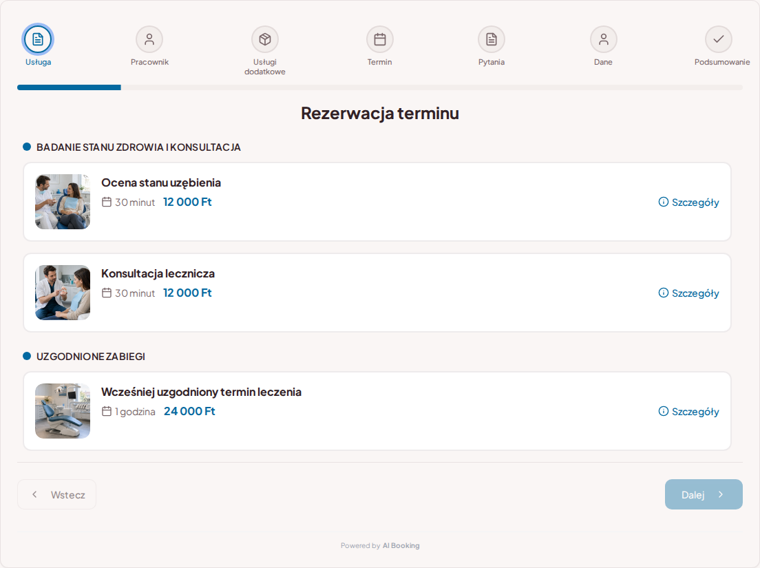 System rezerwacji dla stomatologów – Ocena stanu uzębienia, Konsultacja lecznicza, Wcześniej uzgodniony termin leczenia z cenami, czasem trwania i kategoriami