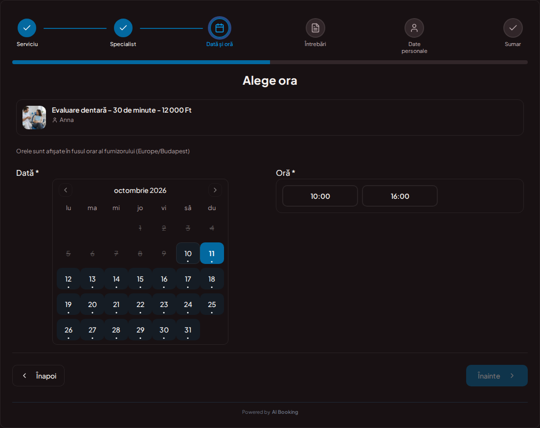Sistem de programări pentru stomatologi – Calendar de programări pentru cabinet stomatologic cu intervale libere pentru serviciul ales