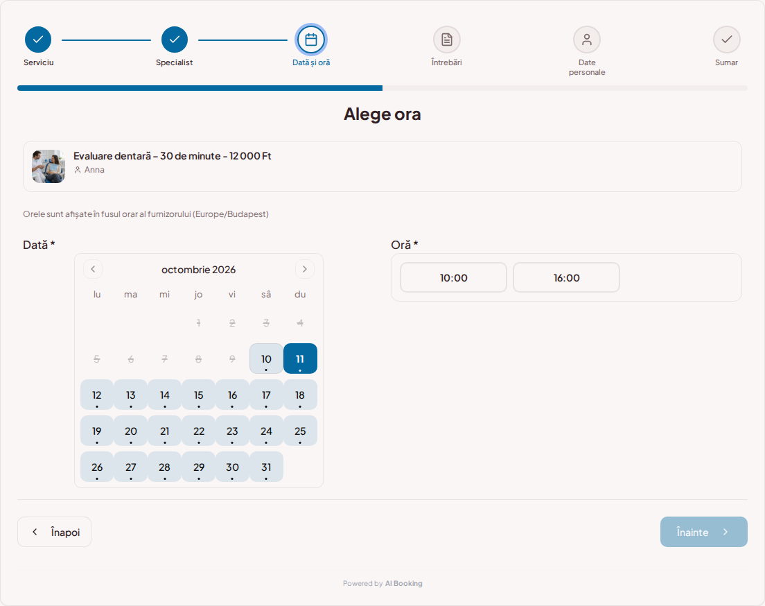 Sistem de programări pentru stomatologi – Calendar de programări pentru cabinet stomatologic cu intervale libere pentru serviciul ales