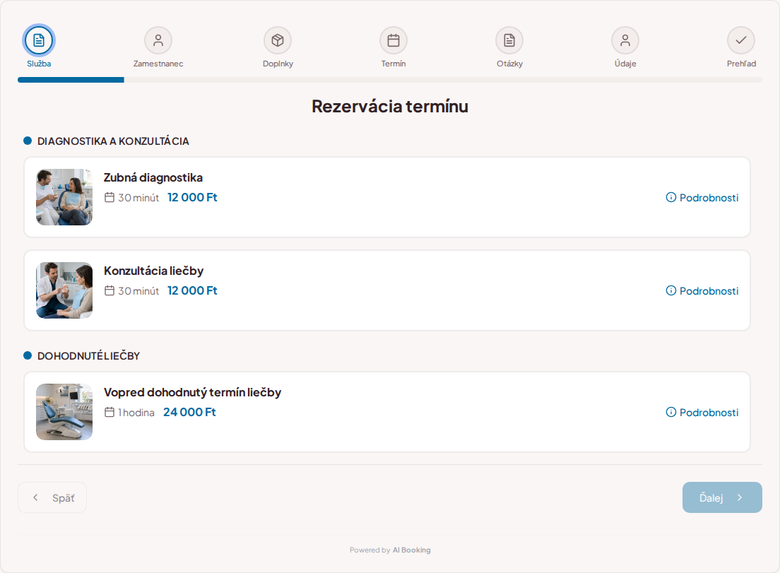 Systém na rezerváciu termínov pre zubárov – Zubná diagnostika, Konzultácia liečby, Vopred dohodnutý termín liečby s cenami, dĺžkou trvania a kategóriami