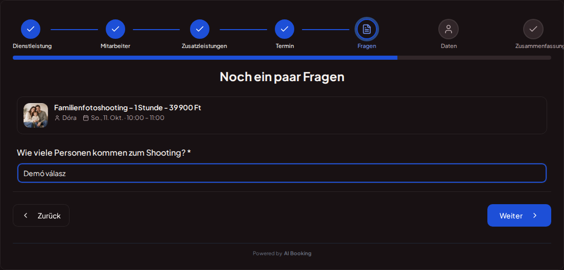 Online-Terminbuchung für Fotografen – Fragefeld bei der Shooting-Buchung zur Anzahl der teilnehmenden Personen