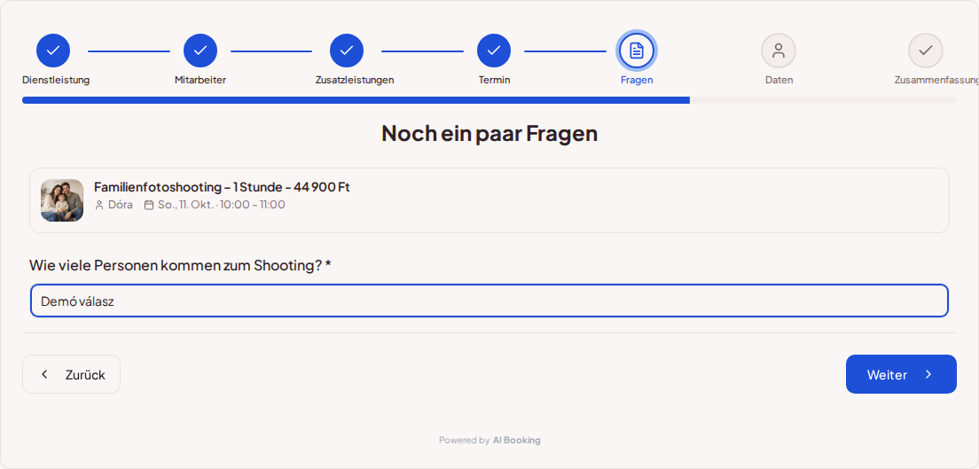 Online-Terminbuchung für Fotografen – Fragefeld bei der Shooting-Buchung zur Anzahl der teilnehmenden Personen
