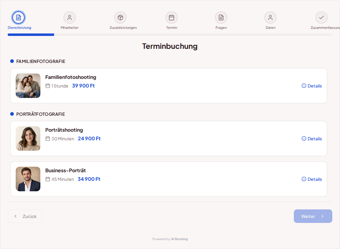 Online-Terminbuchung für Fotografen – Pakete für Familienfotos, Porträts und Business-Porträts mit Bildern, Preisen und Dauer