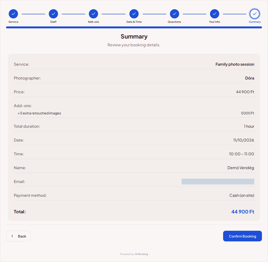 Online booking for photographers – Photo booking summary with photographer, package, date and total price
