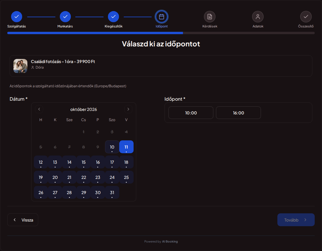 Online időpontfoglaló fotósoknak – Fotózás időpontfoglaló naptára a kiválasztott csomaghoz elérhető szabad időpontokkal