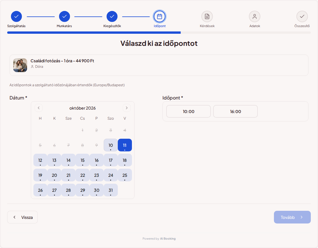 Online időpontfoglaló fotósoknak – Fotózás időpontfoglaló naptára a kiválasztott csomaghoz elérhető szabad időpontokkal