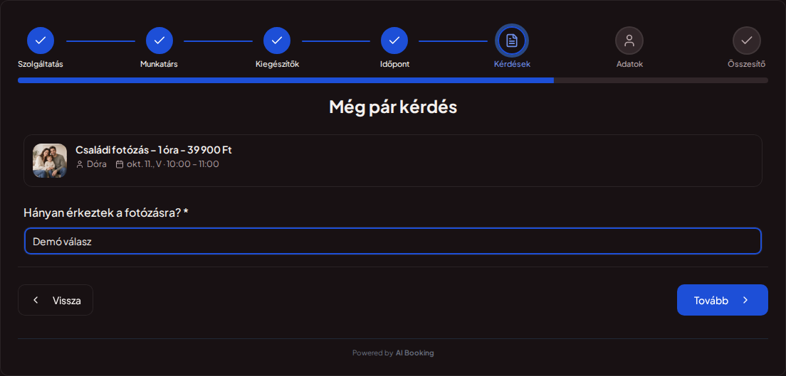 Online időpontfoglaló fotósoknak – Fotózás foglalási kérdésmezője az érkező résztvevők számához