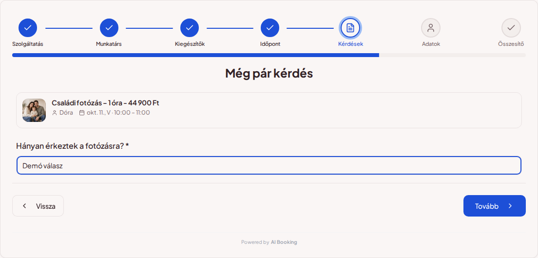 Online időpontfoglaló fotósoknak – Fotózás foglalási kérdésmezője az érkező résztvevők számához