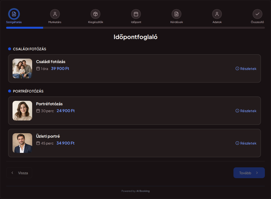 Online időpontfoglaló fotósoknak – Családi fotózás, portréfotózás és üzleti portré csomagjai képekkel, árakkal és időtartammal