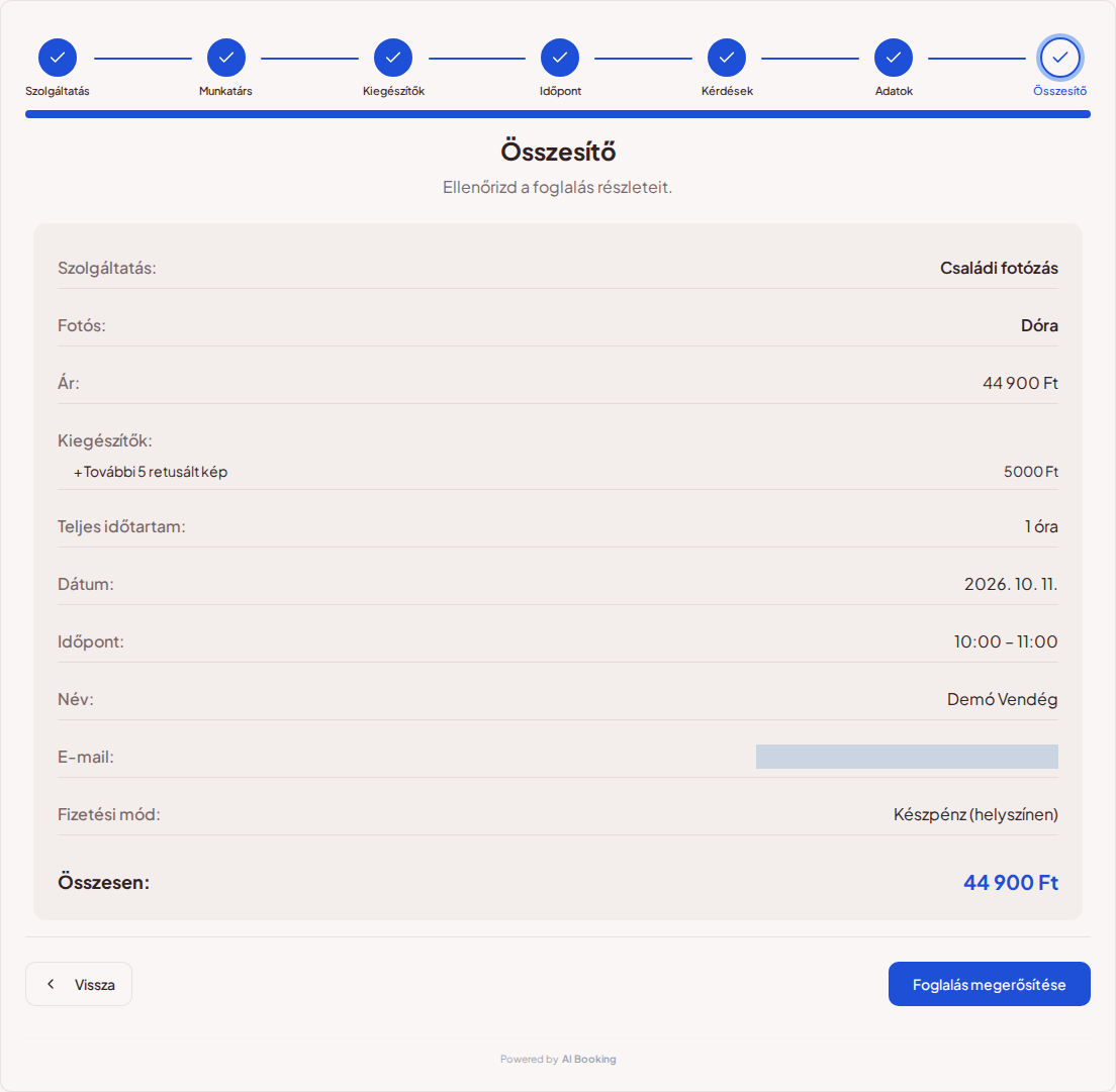 Online időpontfoglaló fotósoknak – Fotózás foglalási összesítője a fotós nevével, csomaggal, dátummal és teljes árral