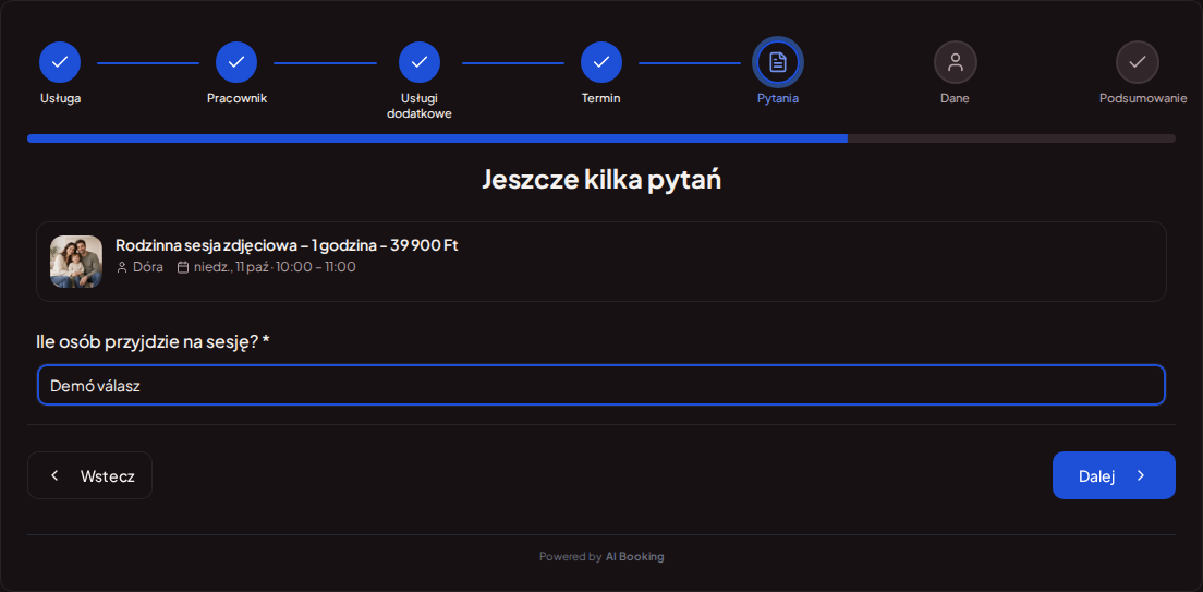 Rezerwacje online dla fotografów – Pole pytania w rezerwacji sesji zdjęciowej o liczbę uczestników