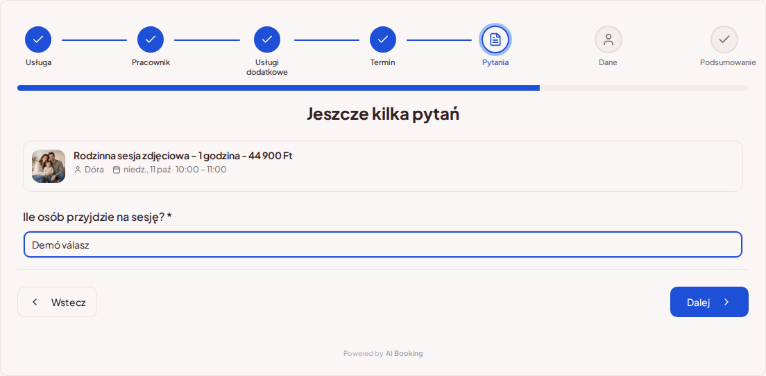 Rezerwacje online dla fotografów – Pole pytania w rezerwacji sesji zdjęciowej o liczbę uczestników