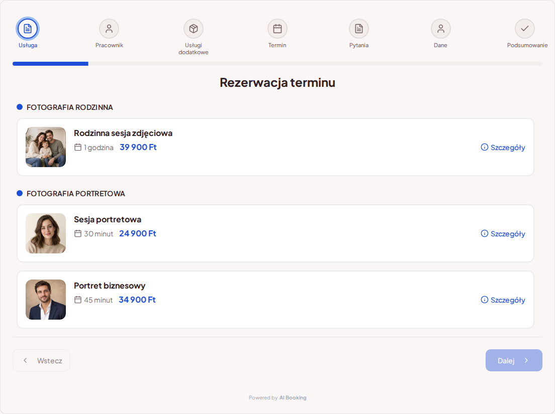 Rezerwacje online dla fotografów – Pakiety sesji rodzinnych, portretowych i biznesowych ze zdjęciami, cenami i czasem trwania