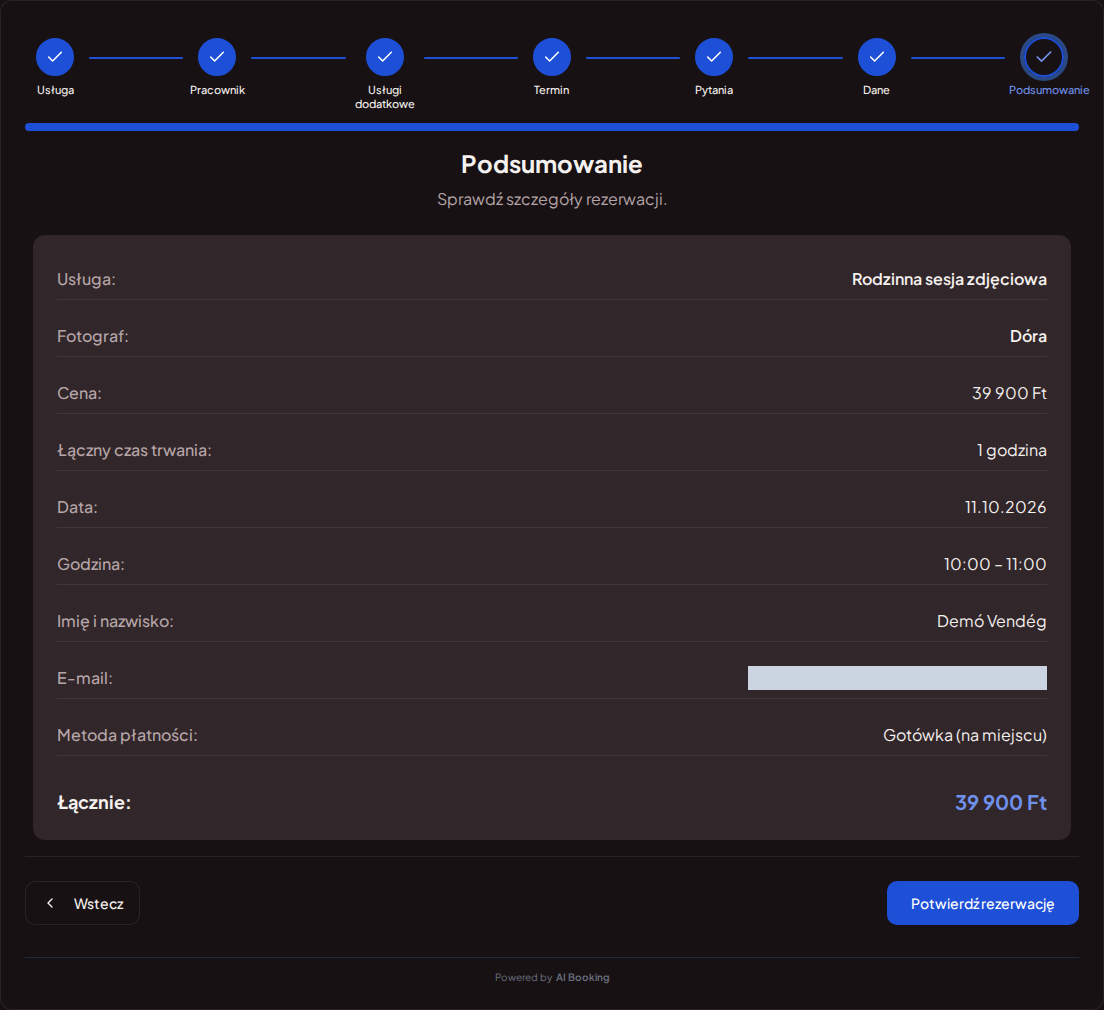 Rezerwacje online dla fotografów – Podsumowanie rezerwacji sesji z fotografem, pakietem, datą i ceną całkowitą