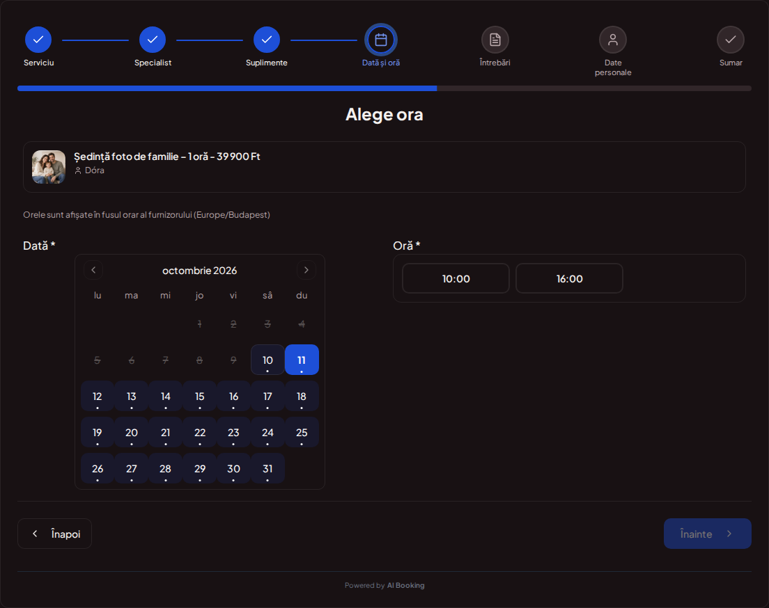 Programări online pentru fotografi – Calendar de programări foto cu ore disponibile pentru pachetul ales