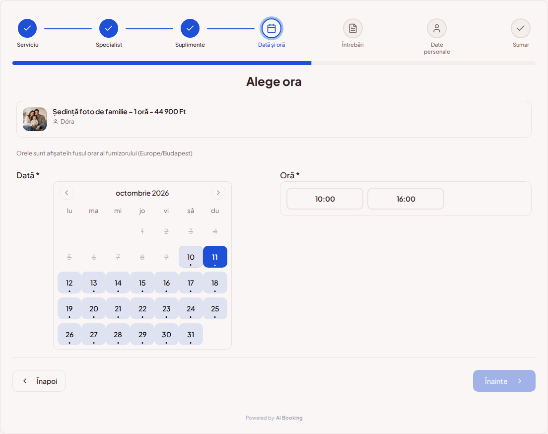 Programări online pentru fotografi – Calendar de programări foto cu ore disponibile pentru pachetul ales