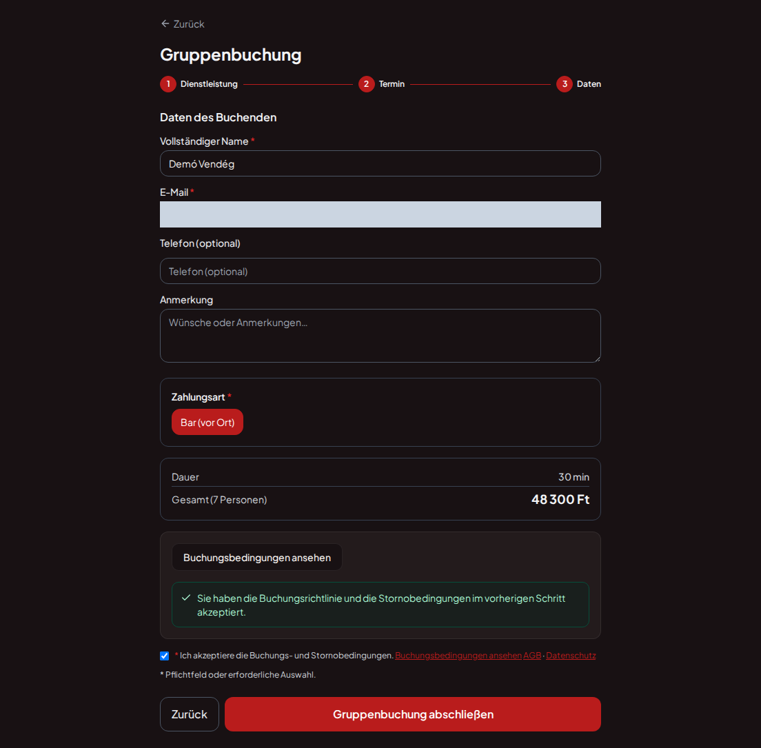 Terminbuchungssystem für Gokartbahnen – Gruppenzusammenfassung für Gokart-Buchung mit Programm, Personenzahl und Gesamtpreis
