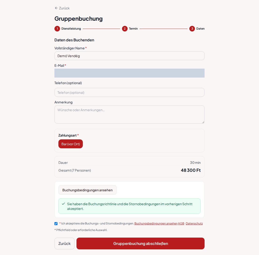 Terminbuchungssystem für Gokartbahnen – Gruppenzusammenfassung für Gokart-Buchung mit Programm, Personenzahl und Gesamtpreis