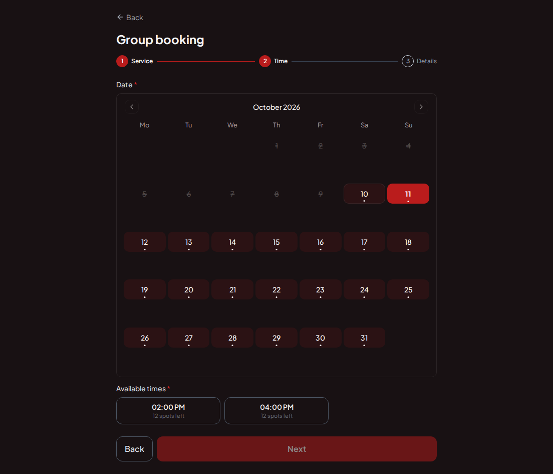 Appointment booking system for go-kart tracks – Go-kart race group booking calendar with sufficient capacity for the group size