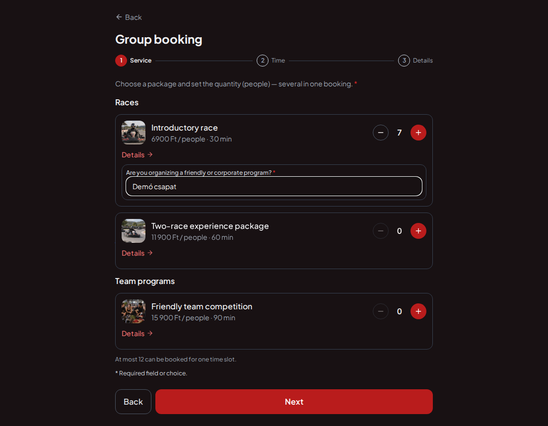 Appointment booking system for go-kart tracks – Go-kart race pre-booking question: Are you organizing a friendly or corporate program?