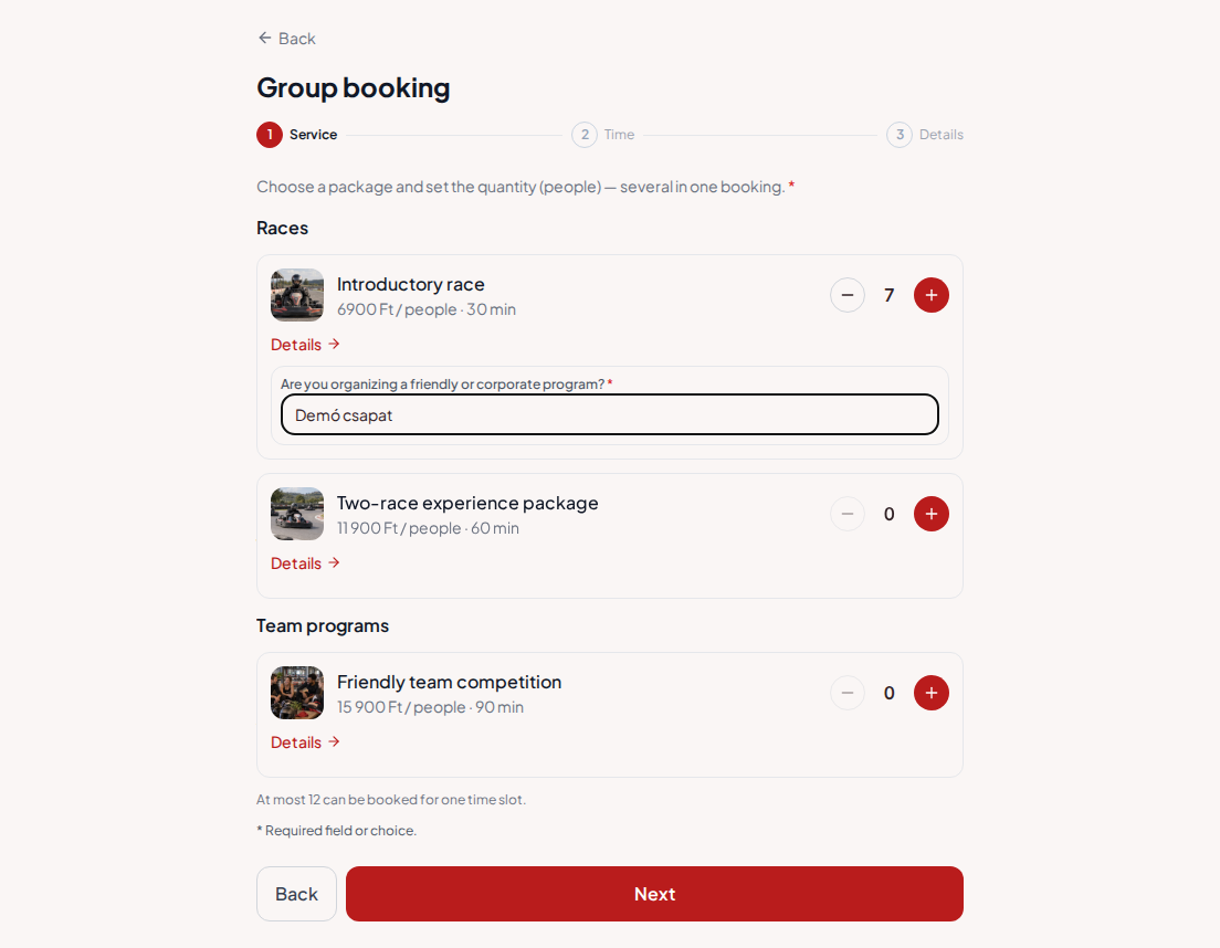 Appointment booking system for go-kart tracks – Go-kart race pre-booking question: Are you organizing a friendly or corporate program?