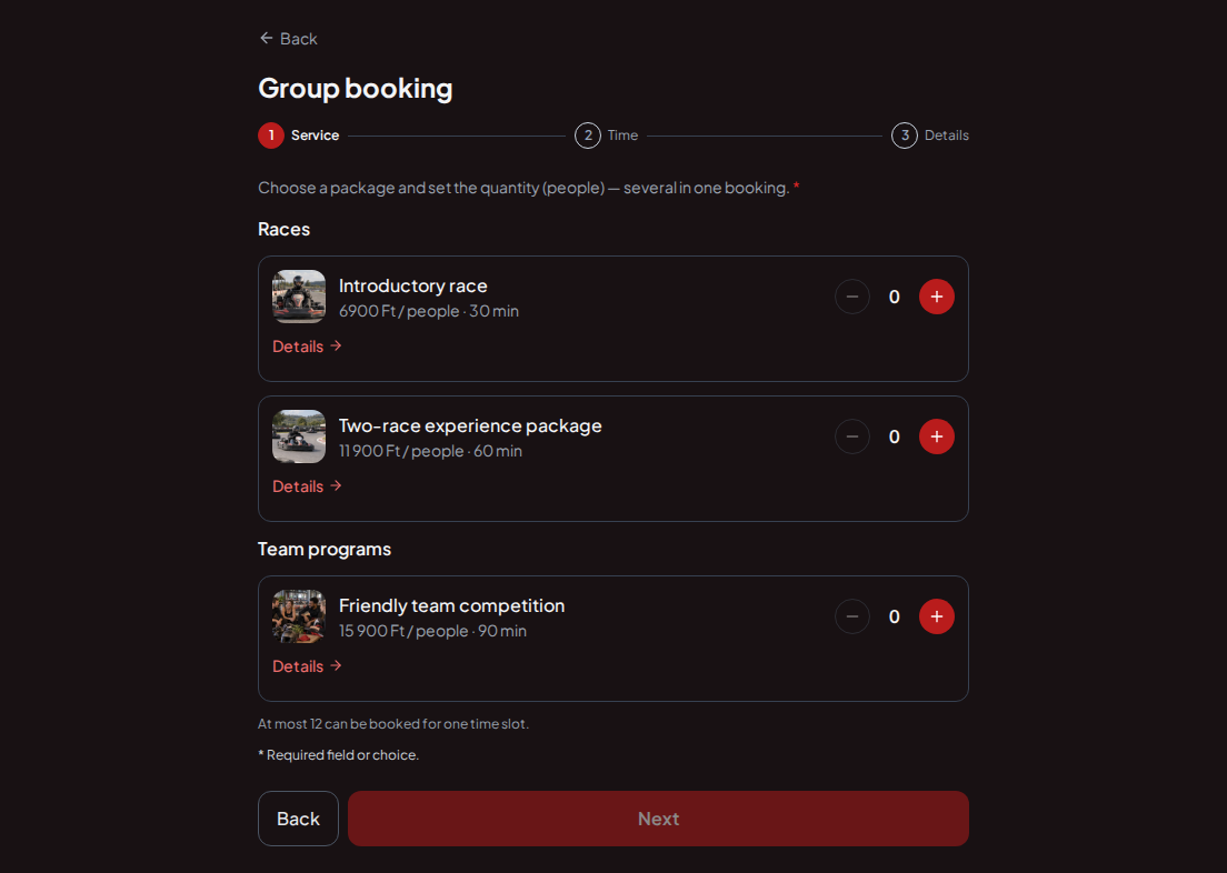 Appointment booking system for go-kart tracks – Introductory race, Two-race experience package, Friendly team competition with prices, durations, and categories