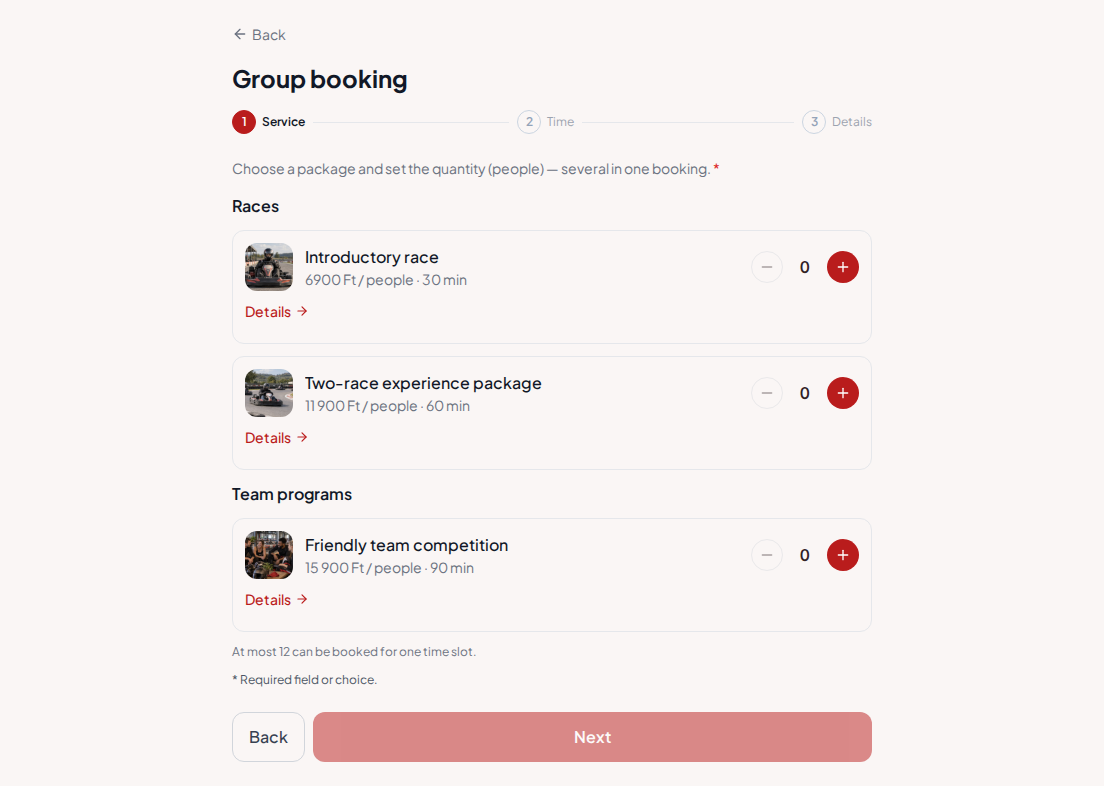 Appointment booking system for go-kart tracks – Introductory race, Two-race experience package, Friendly team competition with prices, durations, and categories