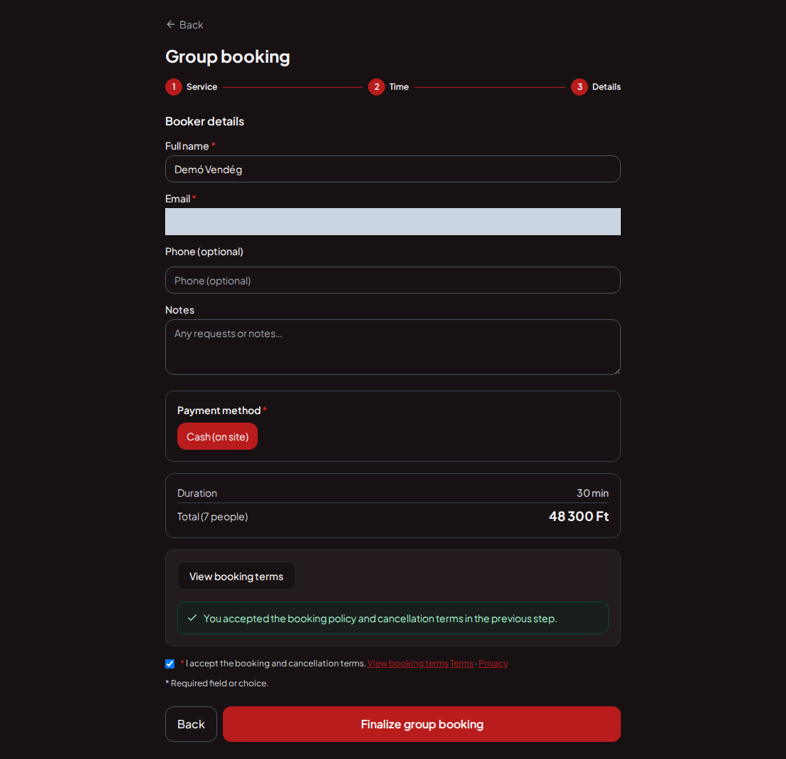 Appointment booking system for go-kart tracks – Go-kart booking group summary with program, size, and total fee