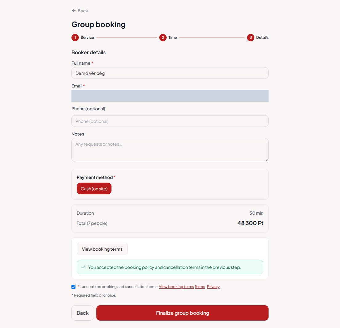 Appointment booking system for go-kart tracks – Go-kart booking group summary with program, size, and total fee
