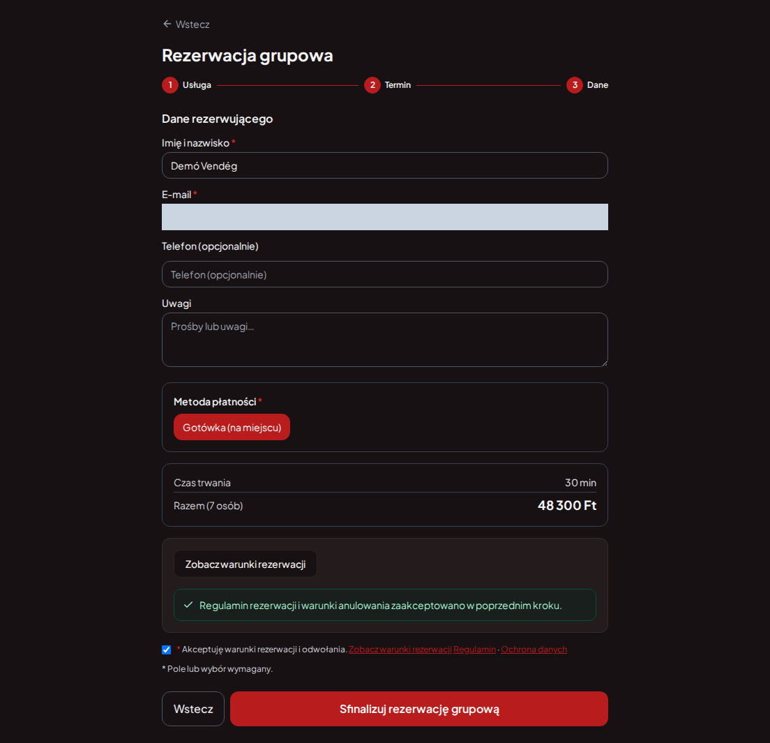System rezerwacji dla torów gokartowych – Grupowe podsumowanie rezerwacji gokartów z programem, liczbą osób i całkowitą opłatą