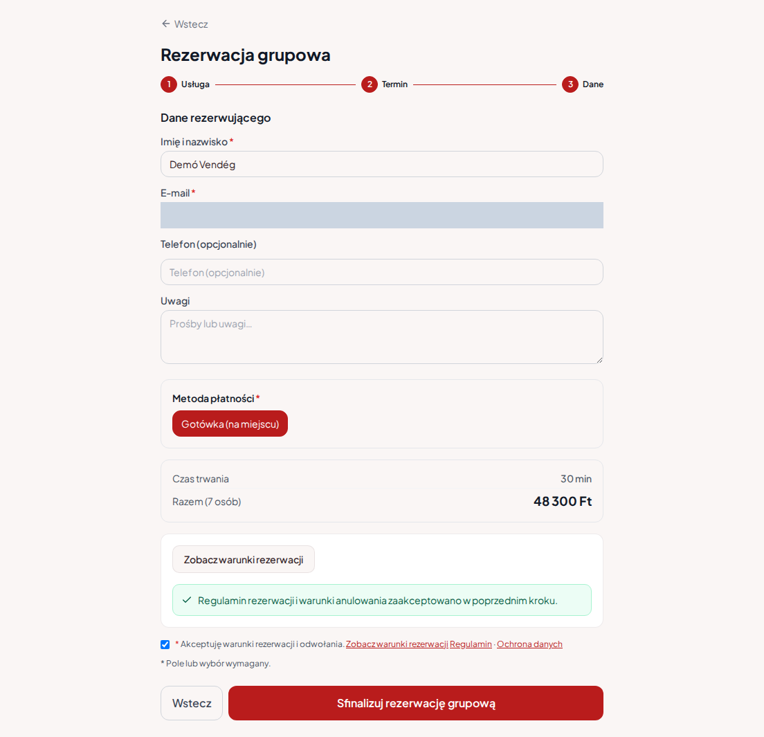 System rezerwacji dla torów gokartowych – Grupowe podsumowanie rezerwacji gokartów z programem, liczbą osób i całkowitą opłatą