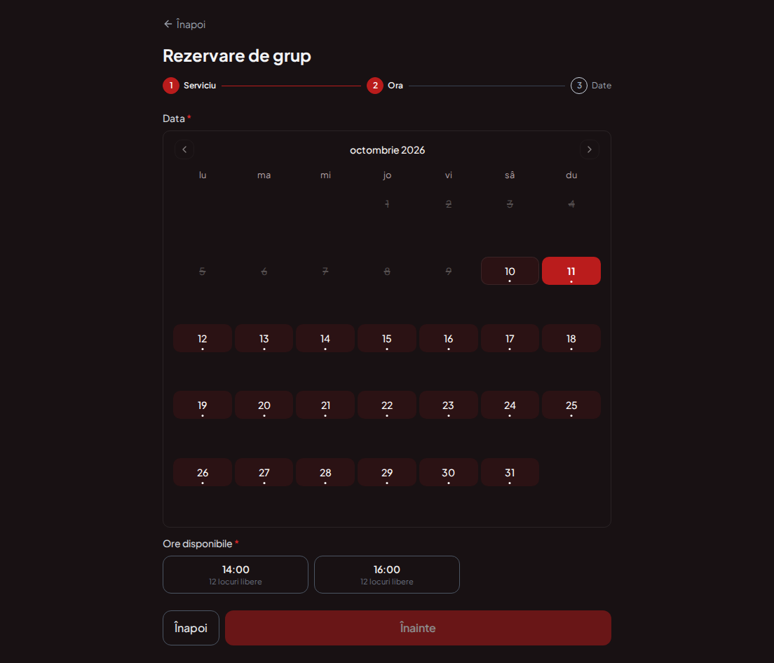 Sistem de rezervări pentru piste de karting – Calendar de rezervări de grup pentru curse de gokart cu locuri suficiente pentru numărul de persoane din grup