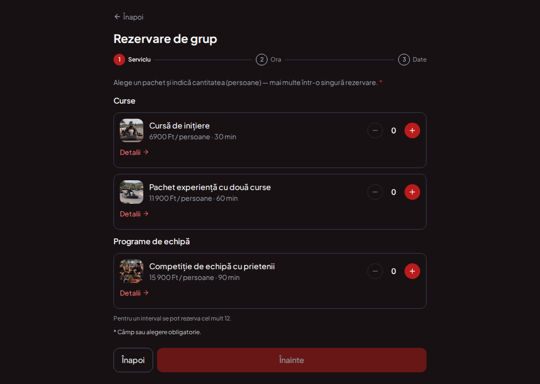 Sistem de rezervări pentru piste de karting – Cursă de inițiere, Pachet experiență cu două curse, Competiție de echipă cu prietenii cu prețuri, durate și categorii