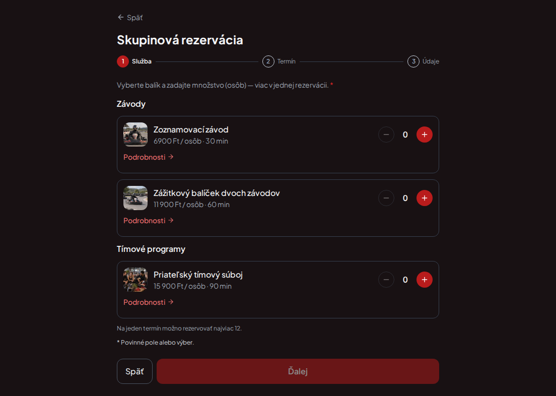 Systém rezervácií pre gokartové trate – Zoznamovací závod, Zážitkový balíček dvoch závodov, Priateľský tímový súboj s cenami, dĺžkou a kategóriami