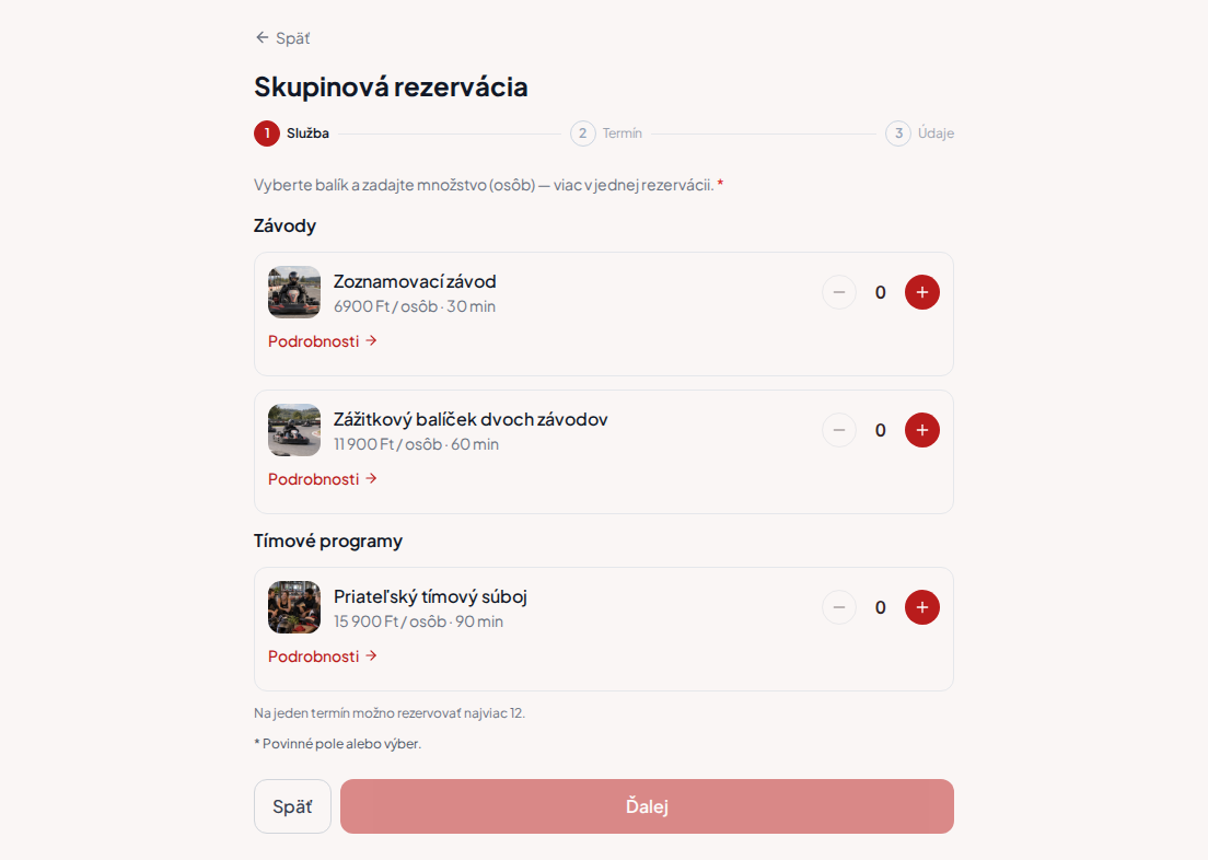 Systém rezervácií pre gokartové trate – Zoznamovací závod, Zážitkový balíček dvoch závodov, Priateľský tímový súboj s cenami, dĺžkou a kategóriami