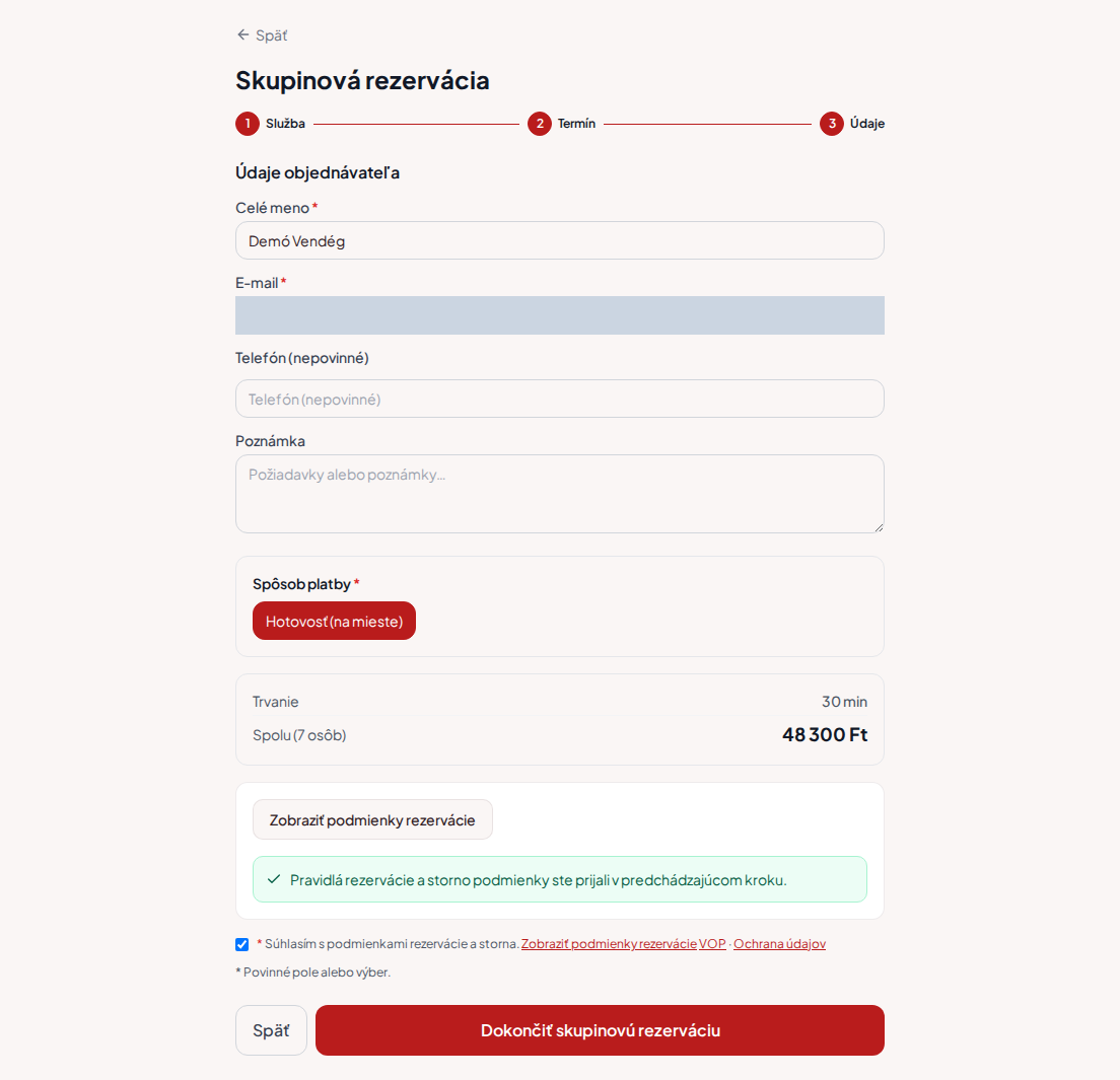 Systém rezervácií pre gokartové trate – Skupinové zhrnutie rezervácie gokartov s programom, počtom osôb a celkovou cenou