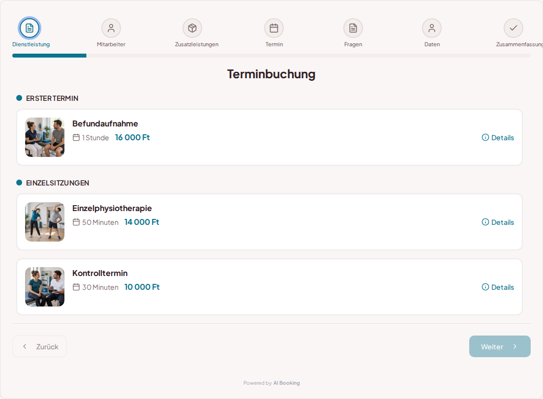 Terminbuchungssystem für Physiotherapeuten – Befundaufnahme, Einzelphysiotherapie, Kontrolltermin mit Preisen, Dauer und Kategorien