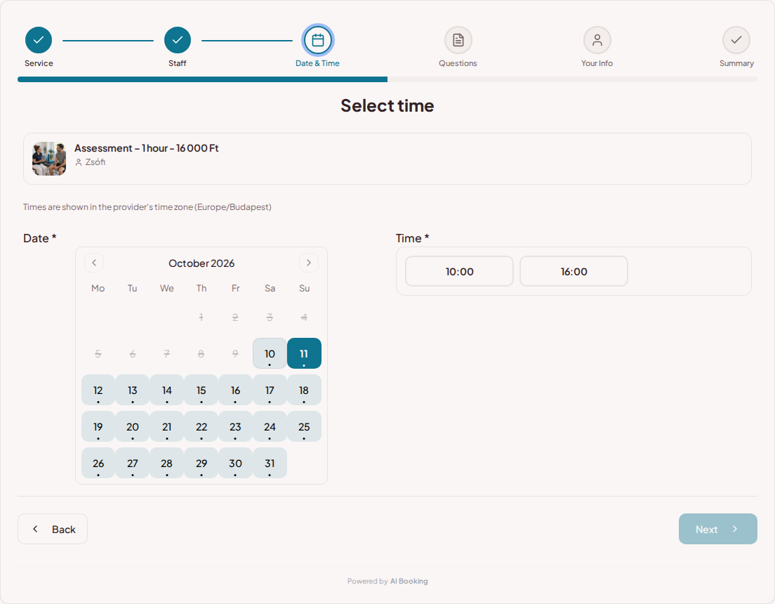 Appointment booking system for physiotherapists – Physiotherapy booking calendar with available slots for the selected service