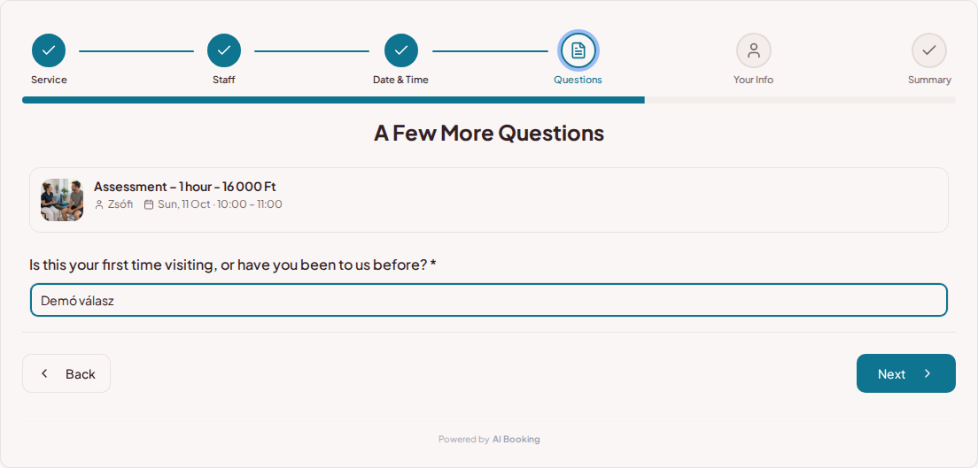 Appointment booking system for physiotherapists – Physiotherapy pre-booking question: Is this your first time, or have you been to us before?