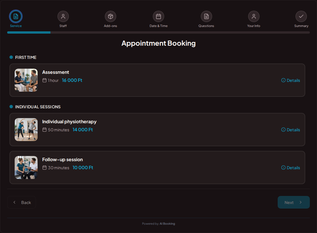 Appointment booking system for physiotherapists – Assessment, Individual physiotherapy, Check-up session with prices, durations, and categories