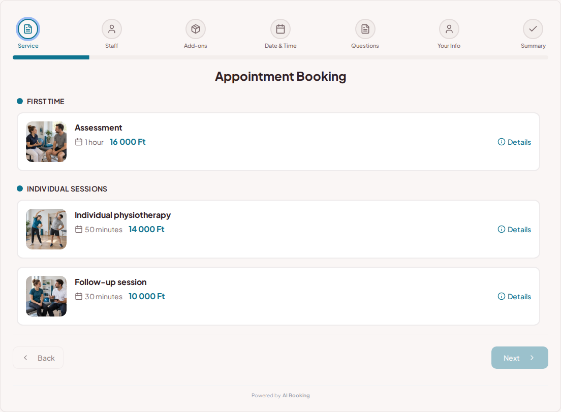 Appointment booking system for physiotherapists – Assessment, Individual physiotherapy, Check-up session with prices, durations, and categories