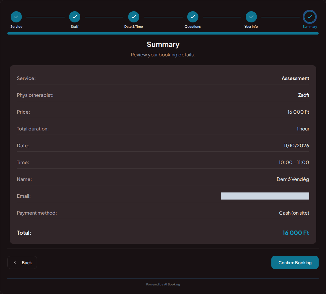 Appointment booking system for physiotherapists – Physiotherapy booking summary with service, specialist, time, and fee