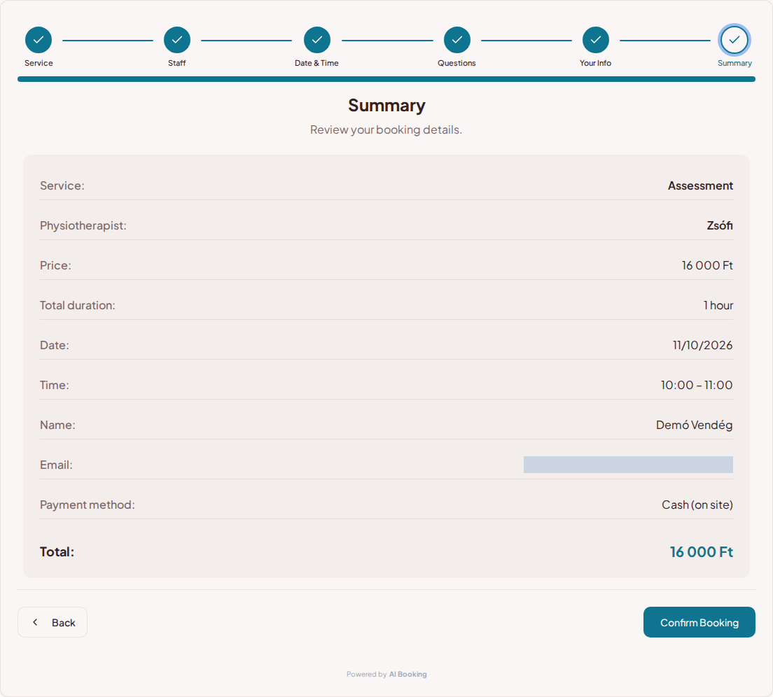 Appointment booking system for physiotherapists – Physiotherapy booking summary with service, specialist, time, and fee
