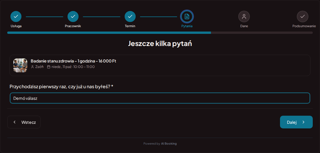 System rezerwacji dla fizjoterapeutów – Pytanie wstępne do rezerwacji fizjoterapii: Przychodzisz pierwszy raz czy już u nas byłeś?
