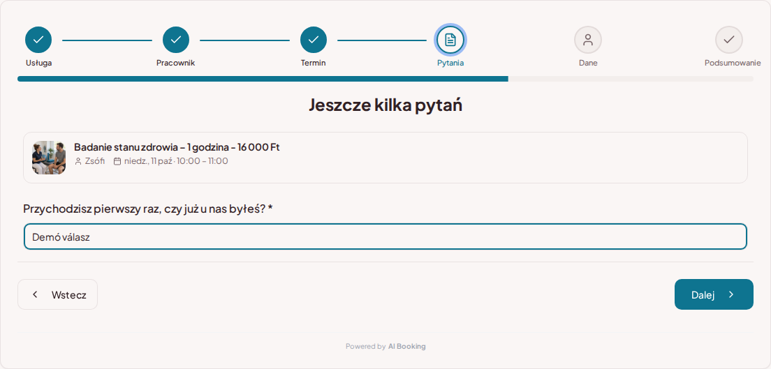 System rezerwacji dla fizjoterapeutów – Pytanie wstępne do rezerwacji fizjoterapii: Przychodzisz pierwszy raz czy już u nas byłeś?