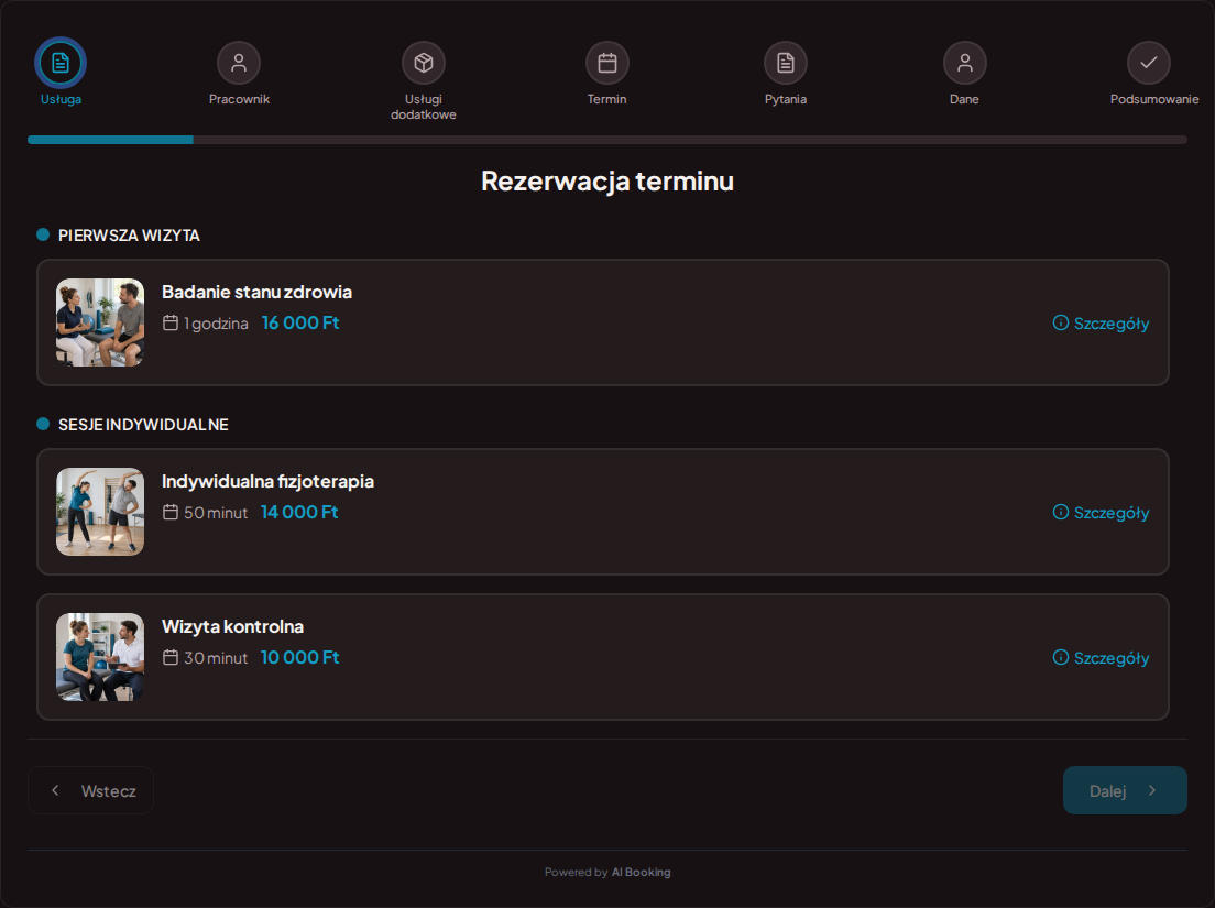 System rezerwacji dla fizjoterapeutów – Badanie stanu zdrowia, Indywidualna fizjoterapia, Wizyta kontrolna z cenami, czasem trwania i kategoriami