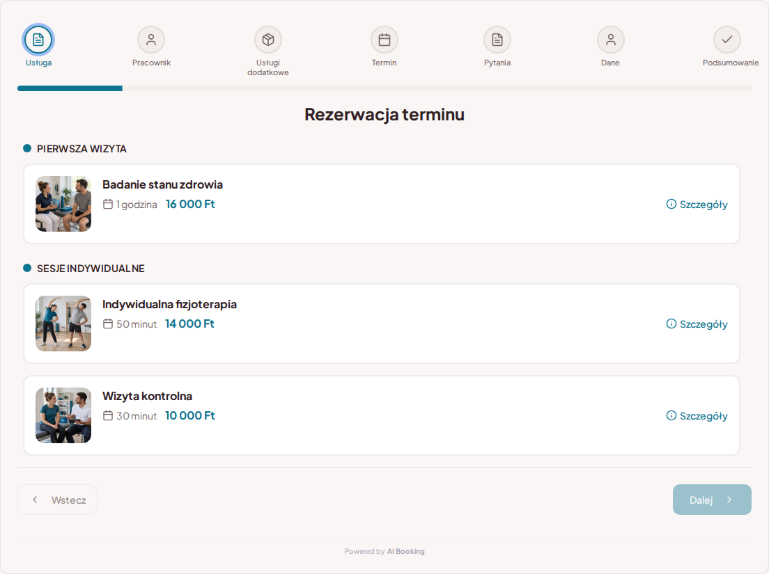 System rezerwacji dla fizjoterapeutów – Badanie stanu zdrowia, Indywidualna fizjoterapia, Wizyta kontrolna z cenami, czasem trwania i kategoriami