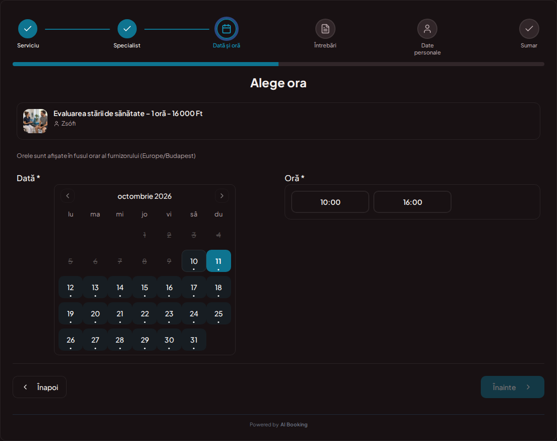 Sistem de programări pentru kinetoterapeuți – Calendar de programări de kinetoterapie cu intervale libere pentru serviciul ales