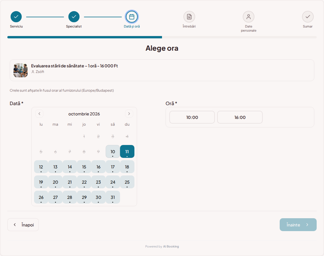 Sistem de programări pentru kinetoterapeuți – Calendar de programări de kinetoterapie cu intervale libere pentru serviciul ales